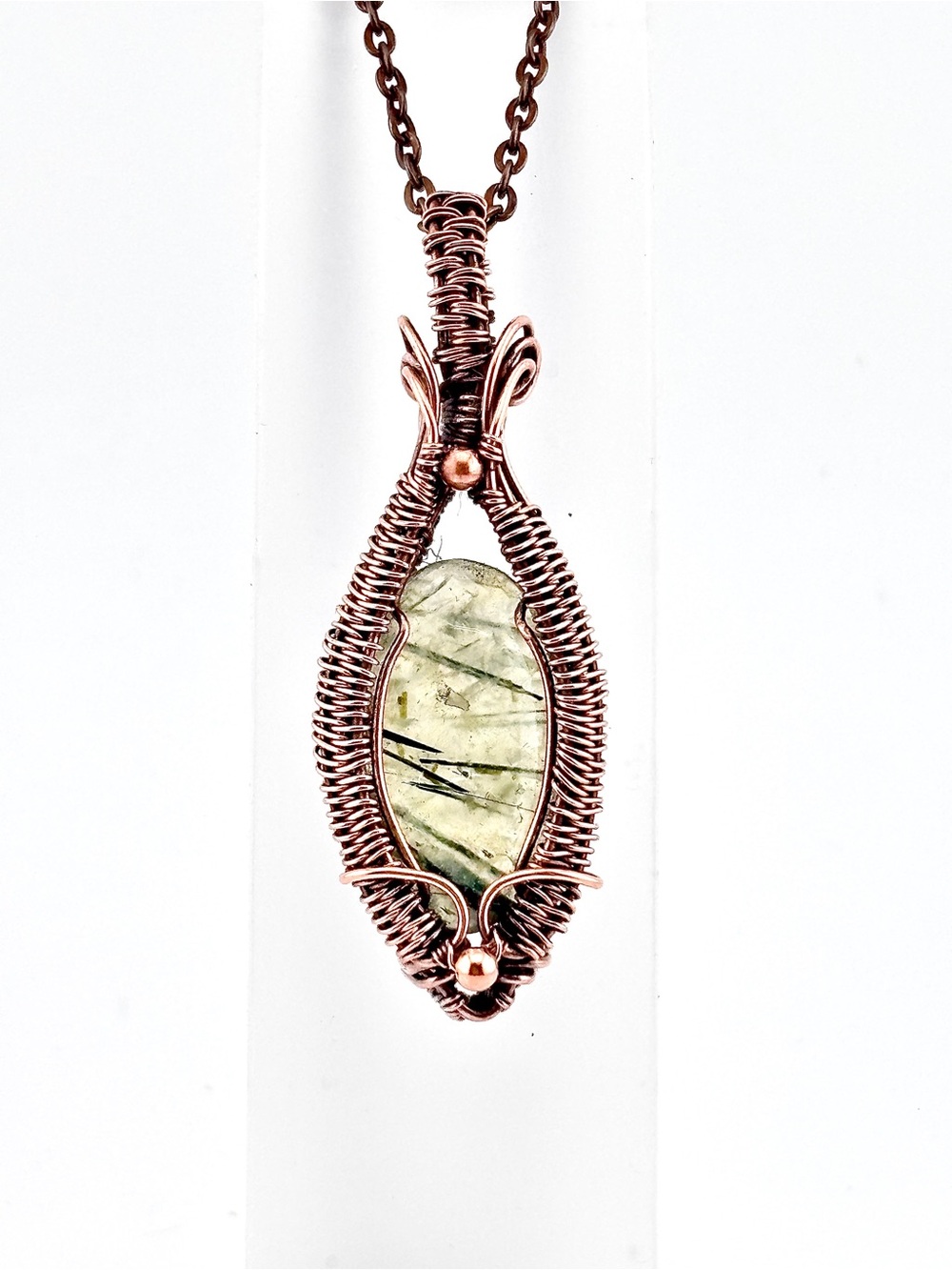 HANDMADE Prehnite Copper Wire Wrapped Pendant Necklace, Artisan Jewelry Gift
